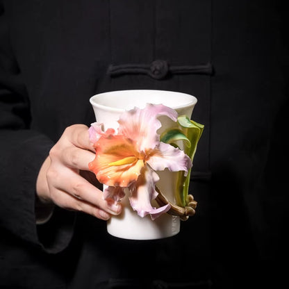 Handcrafted Ceramic Cup with Blue Iris – Blooming from the Cup, One of a Kind | Zen Ara Grove