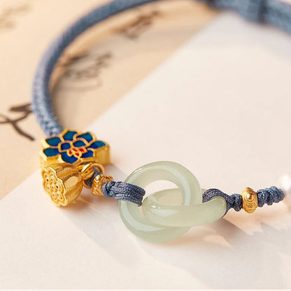 Adjustable Double Hetian Jade Peace Buckle Bracelet with Lotus Charm — Harmony & Protection