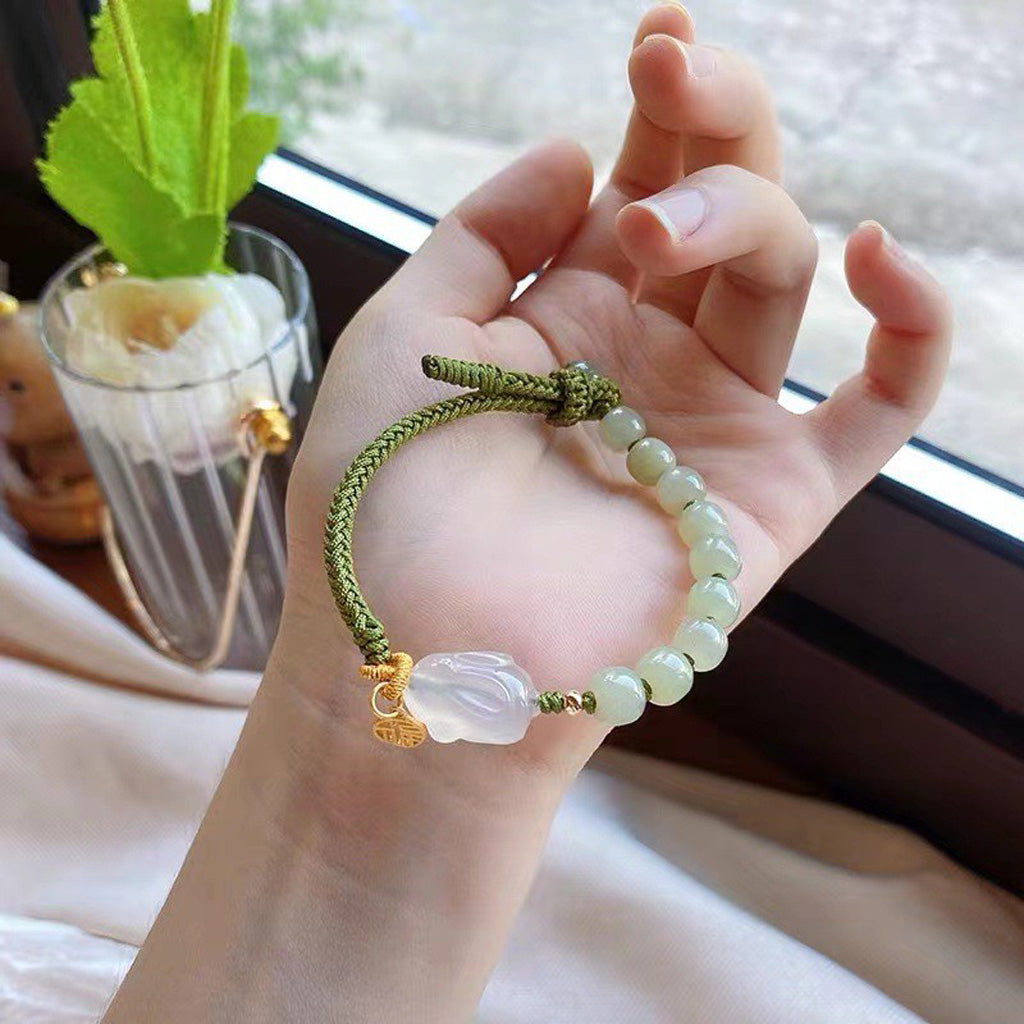 Hetian Jade Zodiac Rabbit Handwoven Cord Bracelet – Protection & Blessing | Zen Ara Grove
