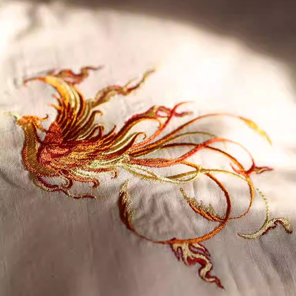 Double‑Layer Cotton Handkerchief – Hand‑Embroidered Phoenix Symbolizing Grace and Renewal | Zen Ara Grove
