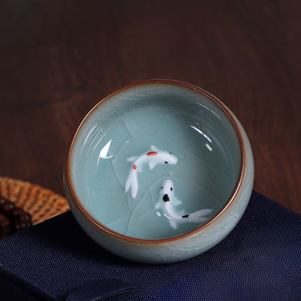 Twin Koi Celadon Crackle Teacup