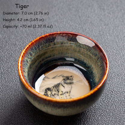 Handcrafted Kiln‑Change Ceramic Teacup with Zodiac Animal Motifs for Good Fortune | Zen Ara Grove