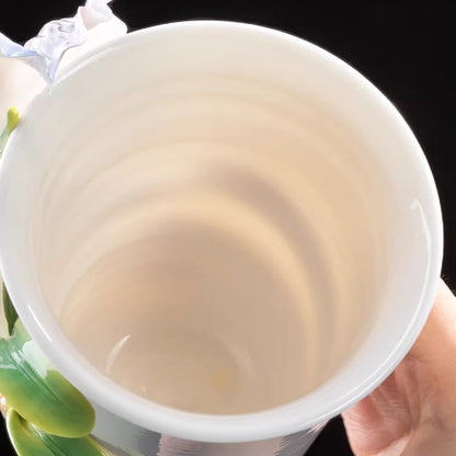 Handcrafted Ceramic Cup with Blue Iris – Blooming from the Cup, One of a Kind | Zen Ara Grove