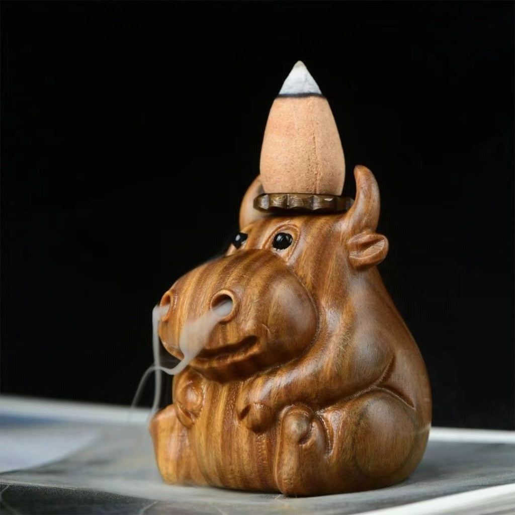 Lucky Ox Incense Burner — Hand-carved Green Sandalwood Figurine | Zen Ara Grove