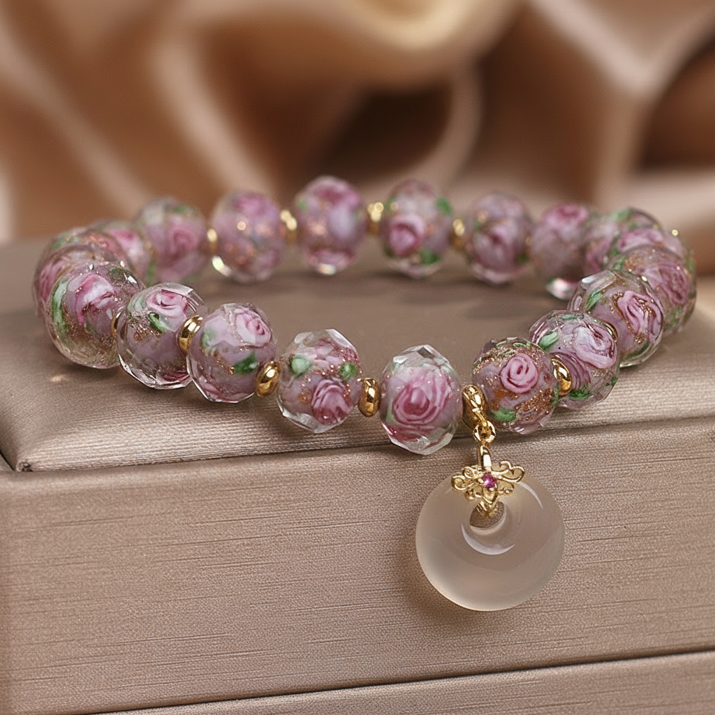 Purple Crystal Peace Amulet with Rose Murano Glass｜Luck & Love Bracelet | Zen Ara Grove