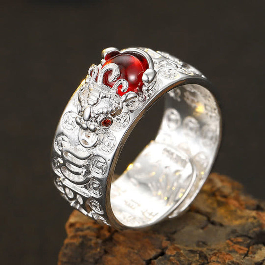 Garnet Pixiu Open Ring – Symbol of Wealth, Protection & Wisdom | Zen Ara Grove