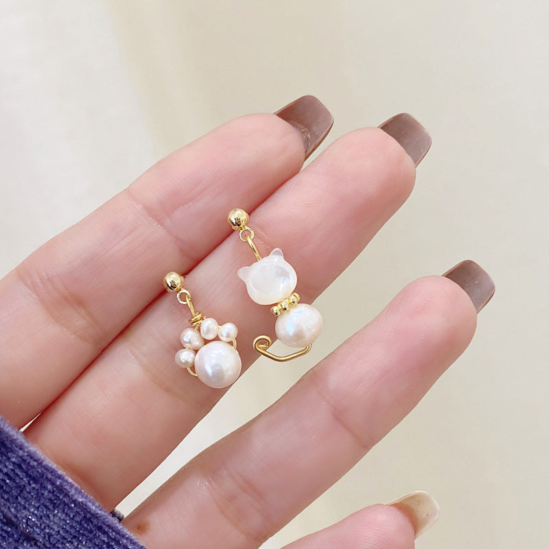 Cute Cat Paw Pearl Wisdom Stud Drop Earrings | Zen Ara Grove