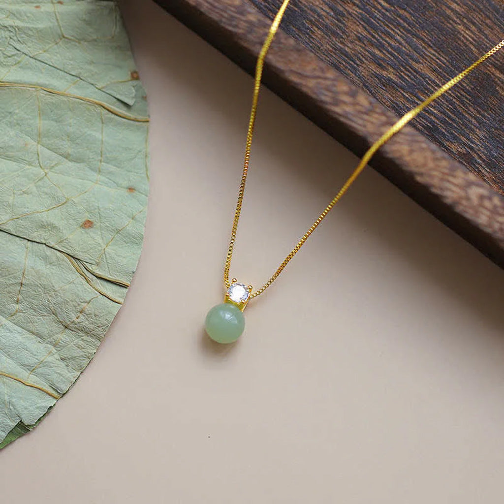 Round Green Jade Bead Necklace with Delicate Sparkle
