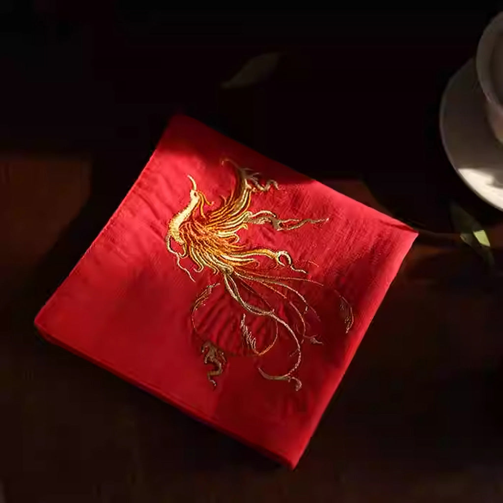 Double‑Layer Cotton Handkerchief – Hand‑Embroidered Phoenix Symbolizing Grace and Renewal | Zen Ara Grove