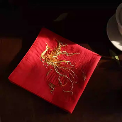 Double‑Layer Cotton Handkerchief – Hand‑Embroidered Phoenix Symbolizing Grace and Renewal | Zen Ara Grove