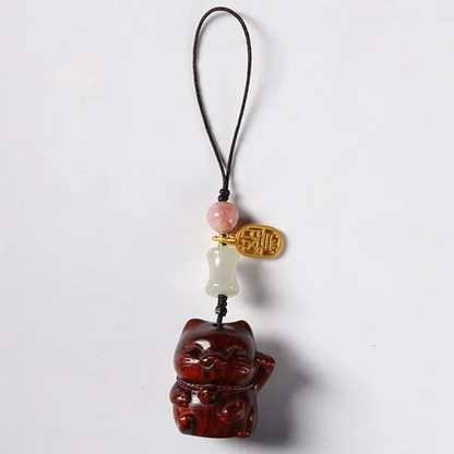Small Leaf Red Sandalwood Green Sandalwood Sandalwood Lucky Cat Protection Key Chain Phone Hanging | Zen Ara Grove