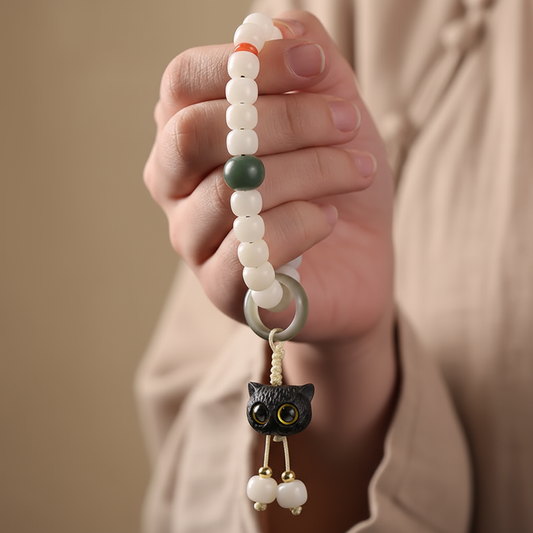Natural Bodhi Seed African Blackwood Lovely Cat Charm Peace Harmony Bracelet | Zen Ara Grove