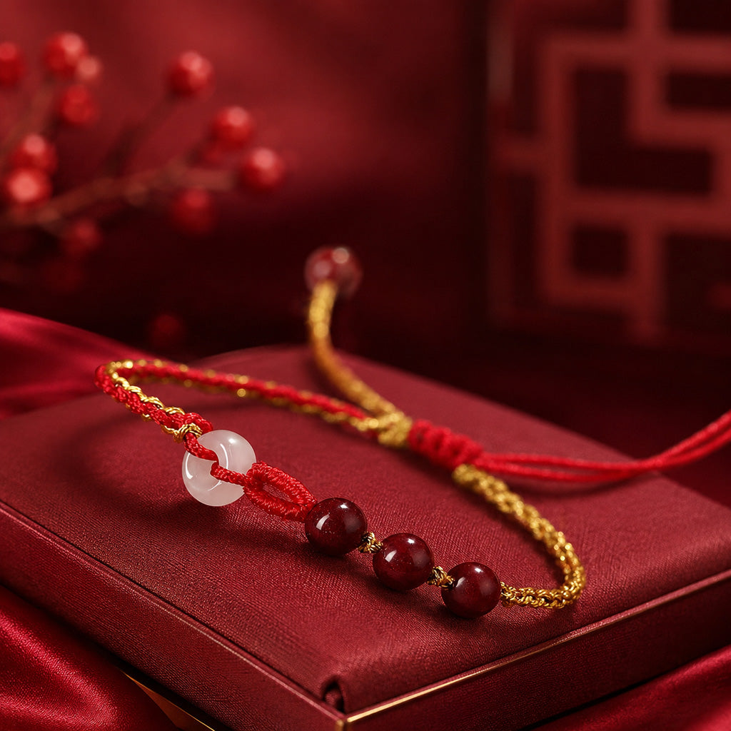 Adjustable White Jade Peace Buckle Bracelet with Cinnabar Beads — Peace & Protection