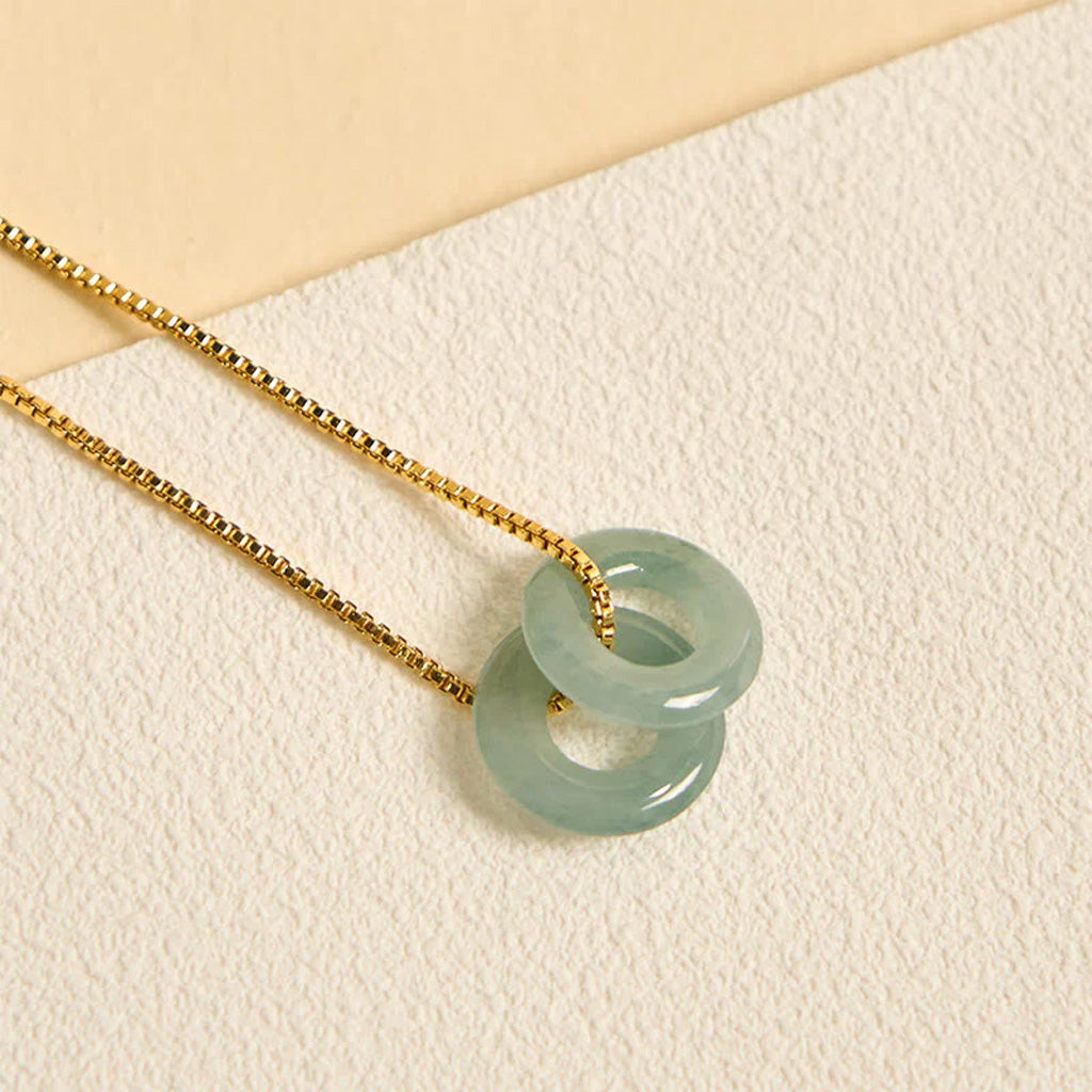 Double Jade Peace Buckle Necklace with Gold-Tone or Silver-Tone Chain