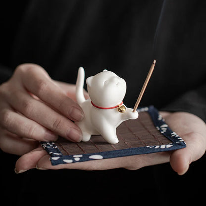 Mini Lucky Cat Kitten Tea Pet Ceramic Home Desk Figurine Decoration With Bamboo Mat| Zen Ara Grove