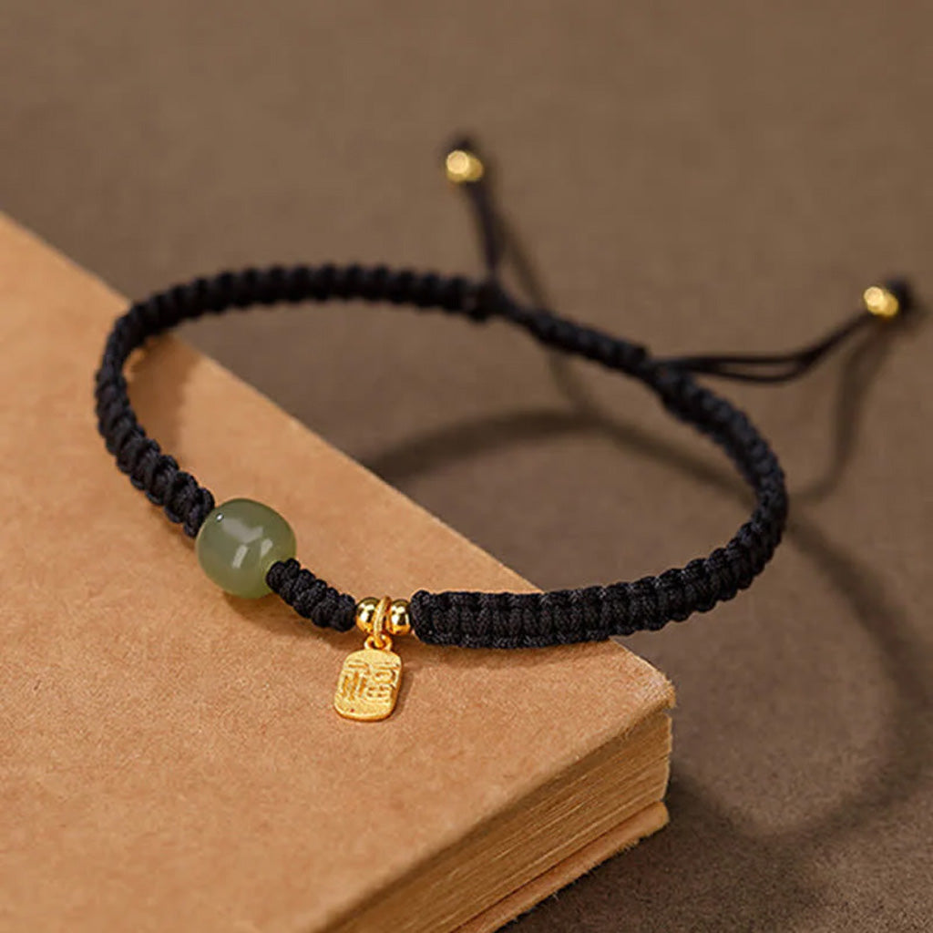 Adjustable Fu Blessing Cord Bracelet with Jade-Look Bead