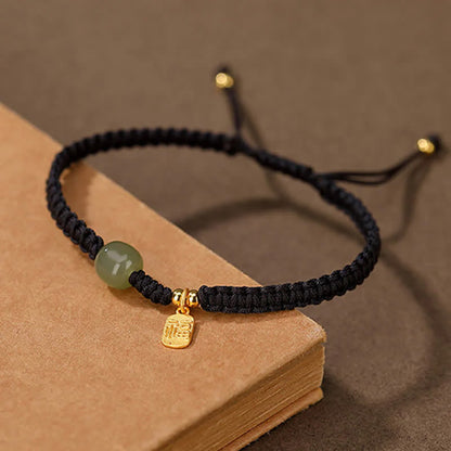 Adjustable Fu Blessing Cord Bracelet with Jade-Look Bead