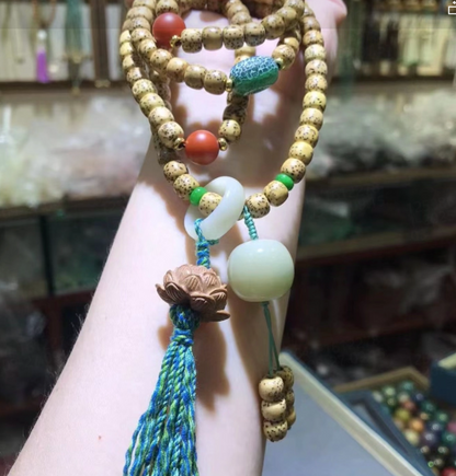 Star-Moon Bodhi Seed Bracelet with Red Agate, Jade, and Sandalwood Lotus Charm
