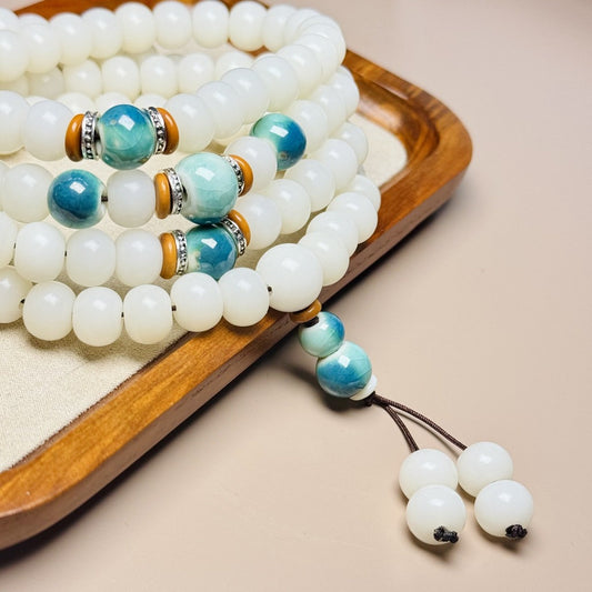 White Jade Bodhi Root 108 Bead Lotus Prayer Bracelet | Zen Ara Grove