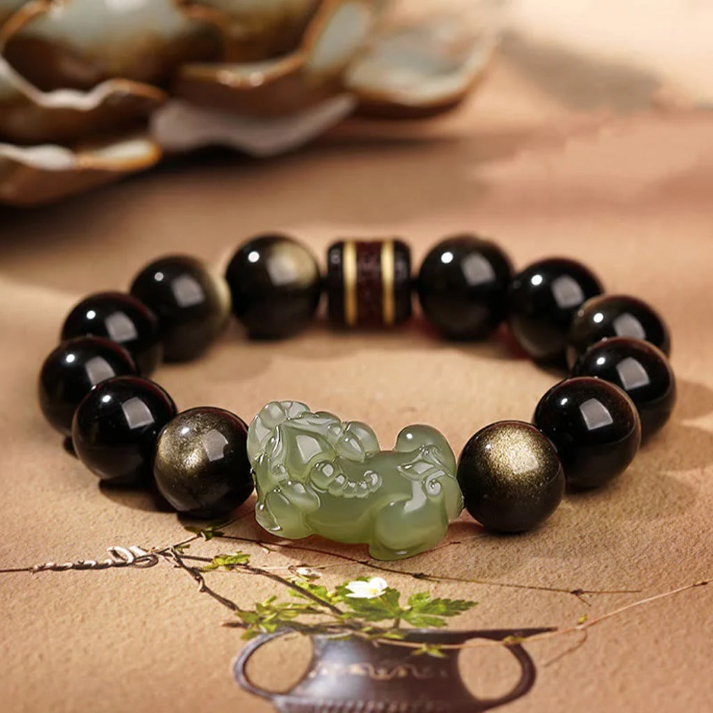 Golden Obsidian & Hetian Jade Pixiu Bracelet – Fortune & Protection | Zen Ara Grove