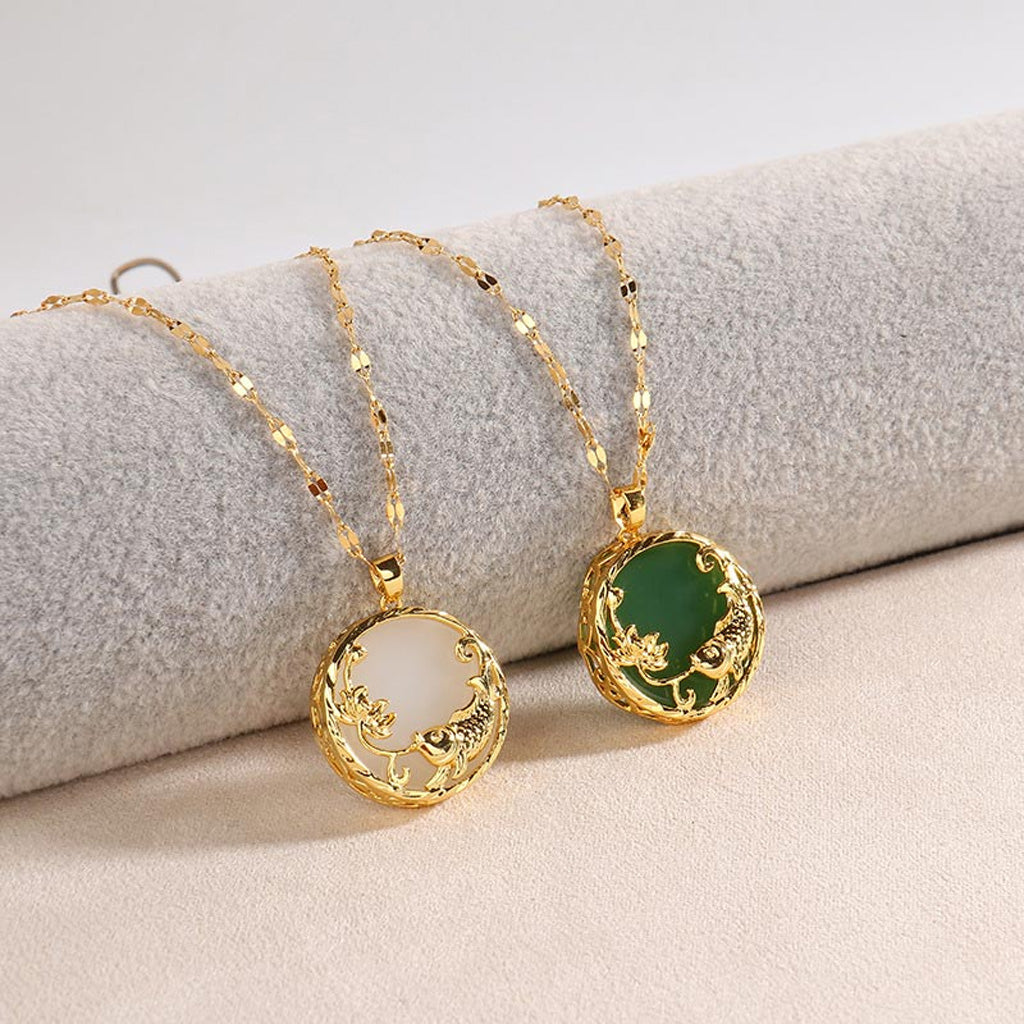 Jade Koi and Lotus Medallion Necklace with Gold-Tone Openwork Frame — Luck & Renewal