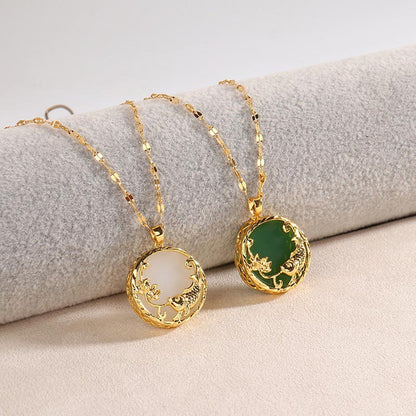 Jade Koi and Lotus Medallion Necklace with Gold-Tone Openwork Frame — Luck & Renewal