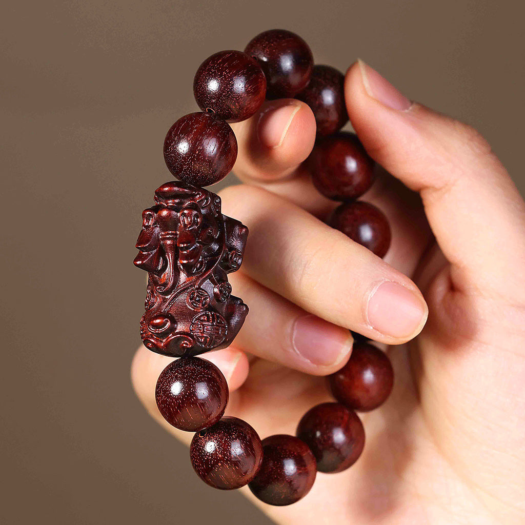 Handcrafted Red Sandalwood Pixiu Beaded Bracelet – Prosperity & Longevity | Zen Ara Grove