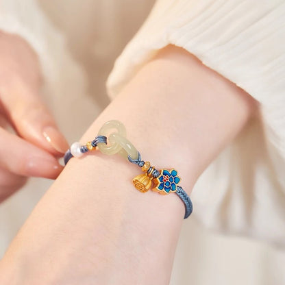 Adjustable Double Hetian Jade Peace Buckle Bracelet with Lotus Charm — Harmony & Protection