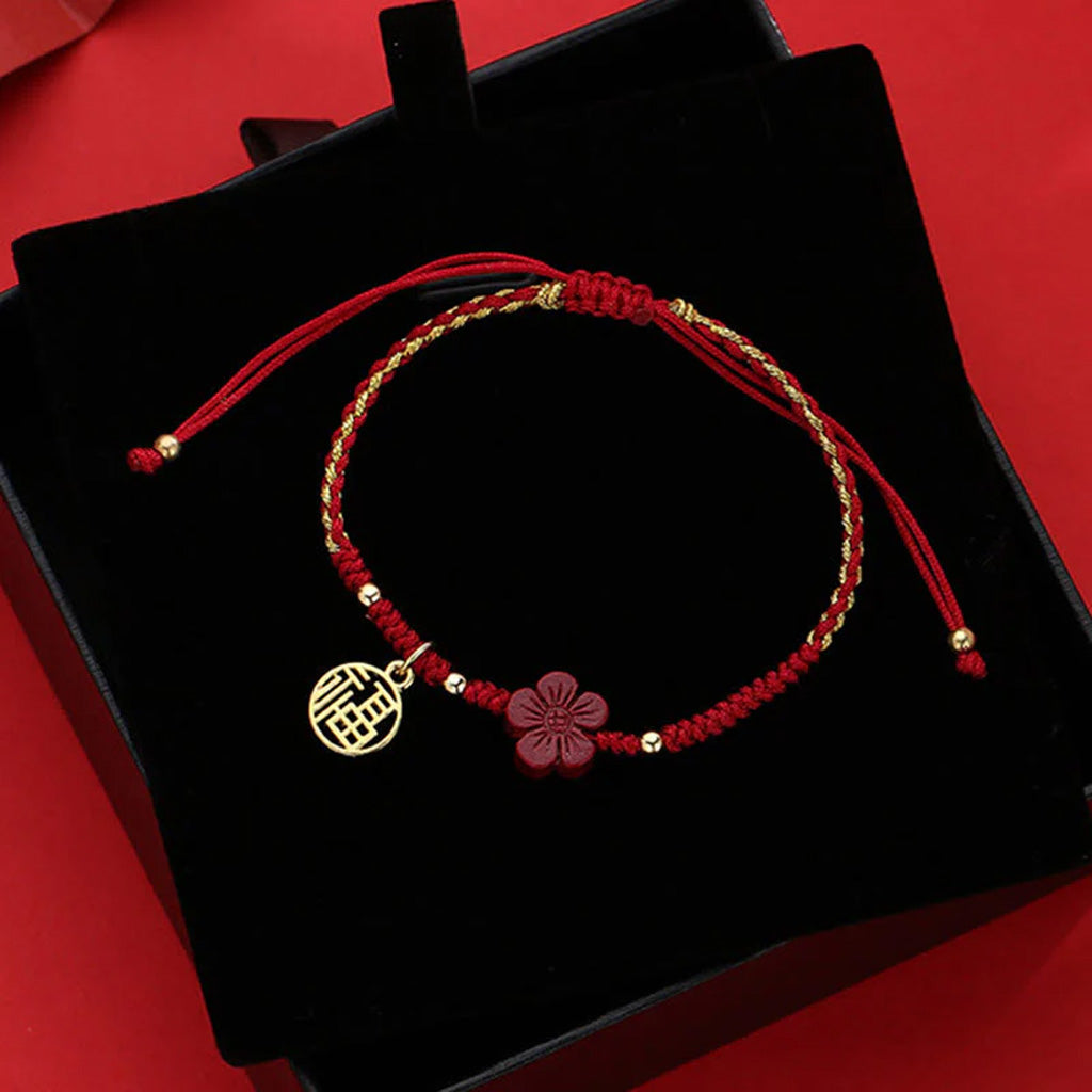 Adjustable Cord Bracelet with Cinnabar Red Flower and Fu Charm — Hope & Blessing