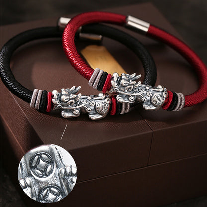 999 Silver Pixiu on Dragon Knot Handwoven Bracelet — Meaning of Courage & Wealth | Zen Ara Grove