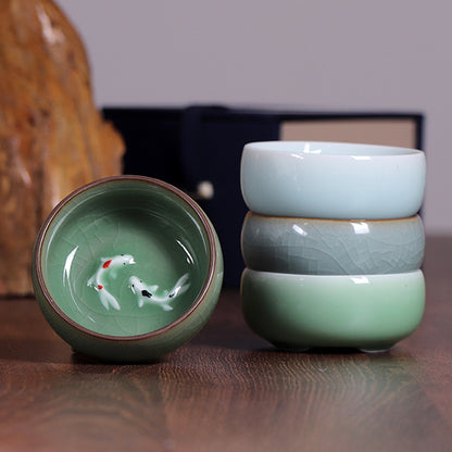 Twin Koi Celadon Crackle Teacup
