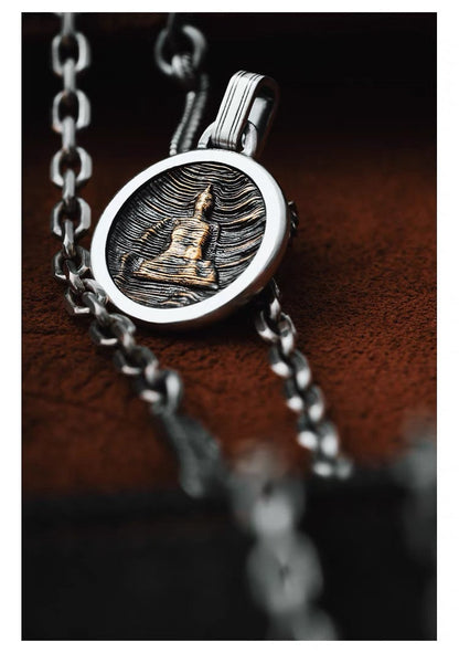 Zen Circle Pendant｜Gold Buddha in Silver Mandala