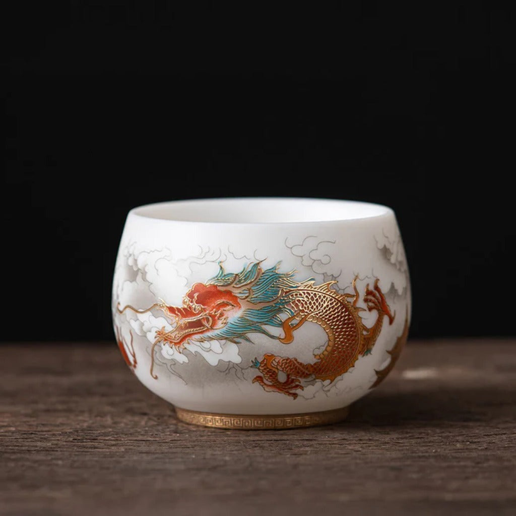 Milky White Porcelain Mug with Dragon and Phoenix Motif – Elegant & Durable | Zen Ara Grove