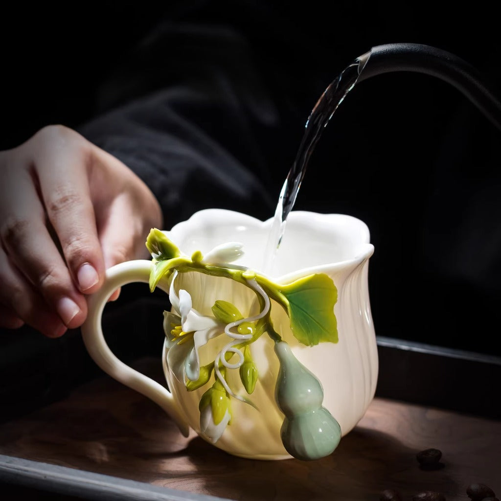 Handcrafted Ceramic Cup with Gourd Blossom – Living Art on Your Teacup | Zen Ara Grove