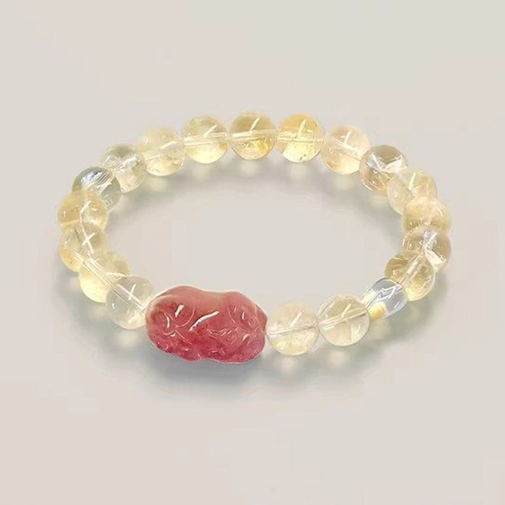 Hand‑Carved Strawberry Quartz Pixiu with Citrine Beads — Meaning of Wealth & Positive Flow | Zen Ara Grove