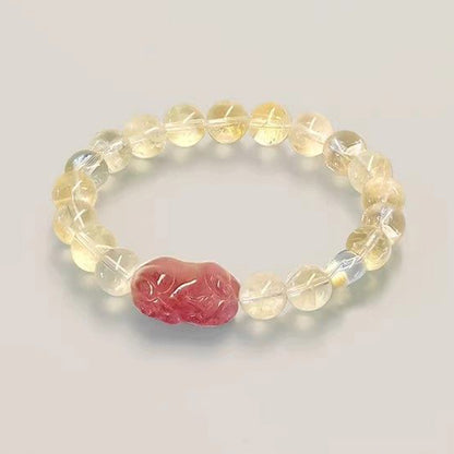 Hand‑Carved Strawberry Quartz Pixiu with Citrine Beads — Meaning of Wealth & Positive Flow | Zen Ara Grove