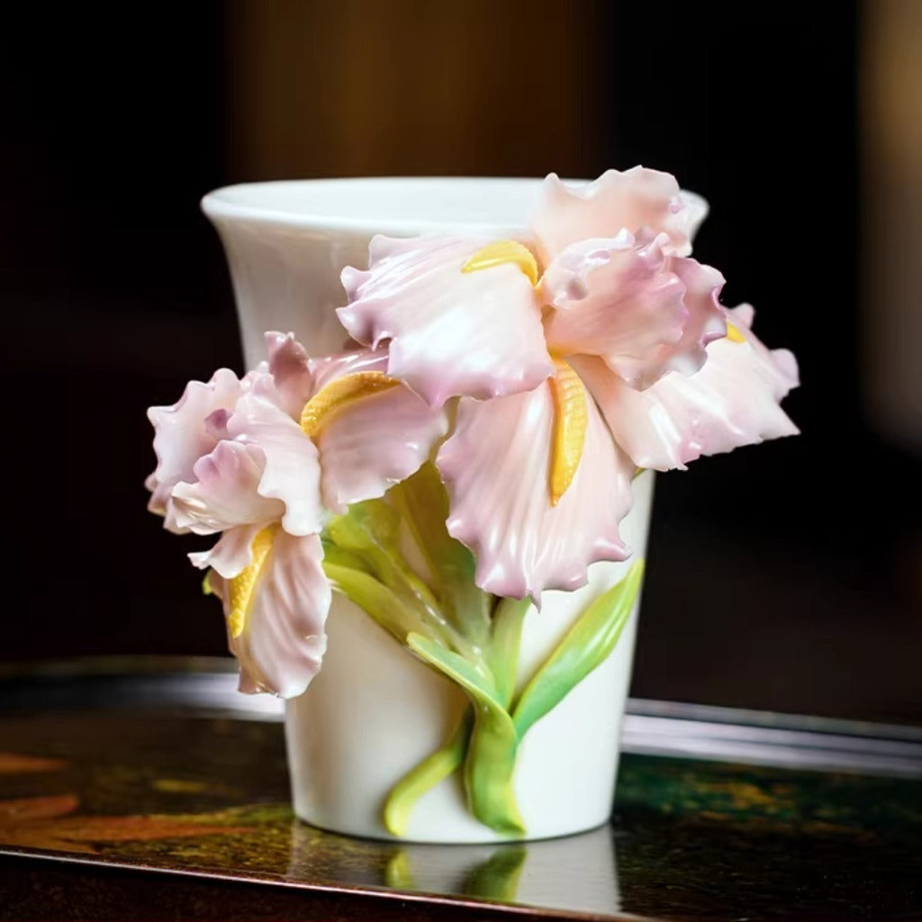 Handcrafted Ceramic Cup with Blue Iris – Blooming from the Cup, One of a Kind | Zen Ara Grove