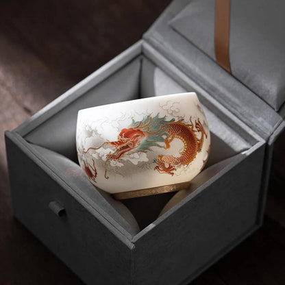 Milky White Porcelain Mug with Dragon and Phoenix Motif – Elegant & Durable | Zen Ara Grove