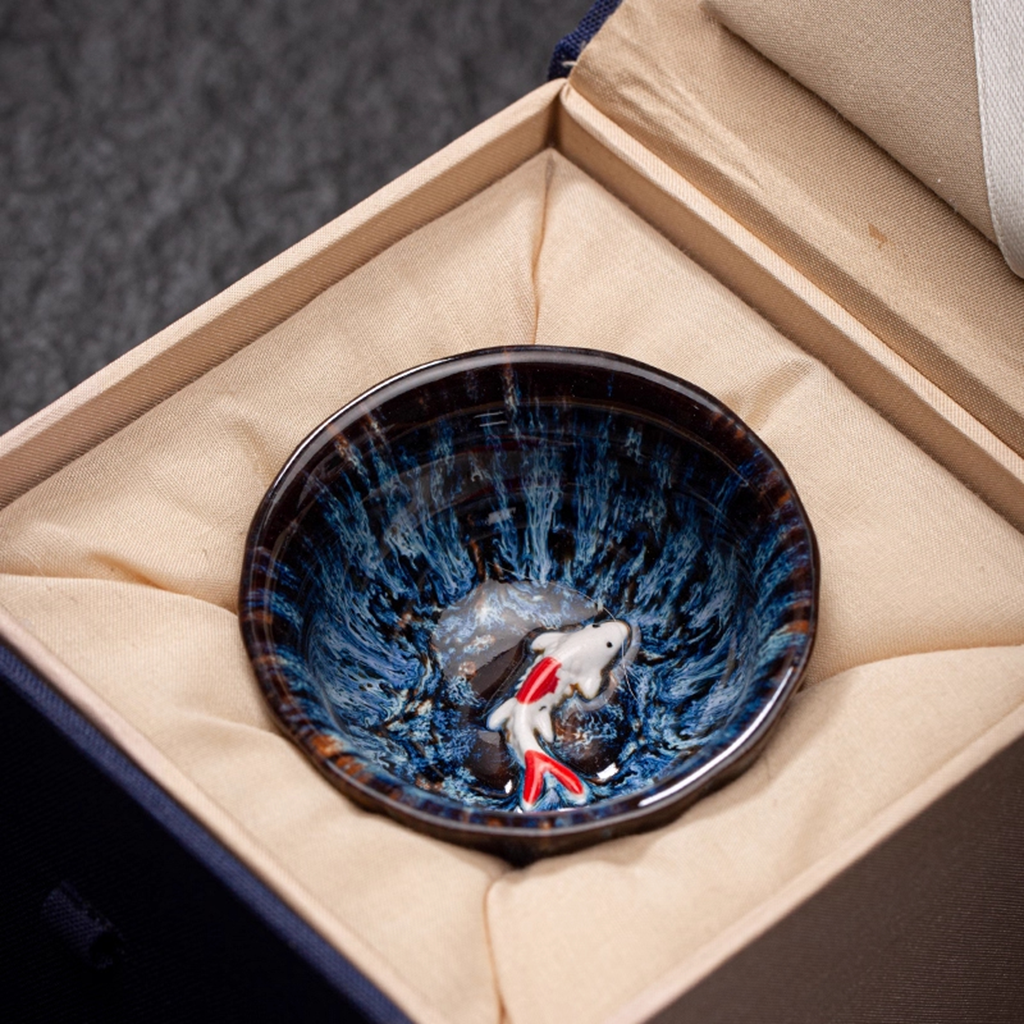 Kiln-Change Glaze Porcelain Teacup – Lucky Fish "Year of Plenty" Design | Zen Ara Grove
