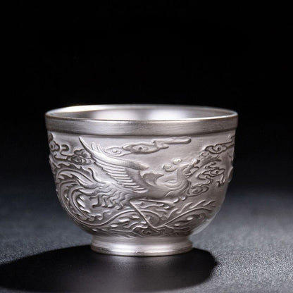 999 Silver Hammered Teacup – Dragon & Phoenix Design – Handcrafted Symbol of Strength and Harmony | Zen Ara Grove