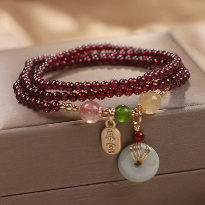 Elegant Garnet & Strawberry Quartz Fox Bracelet – Multi‑Loop Design | Zen Ara Grove