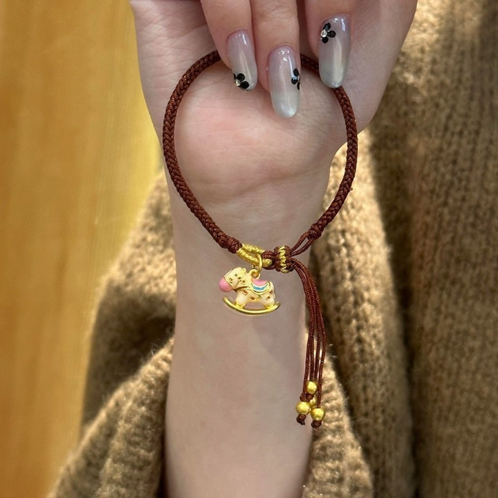 Adjustable Handmade Woven Bracelet with Drip-Glazed Sand Gold Horse Charm | Zen Ara Grove