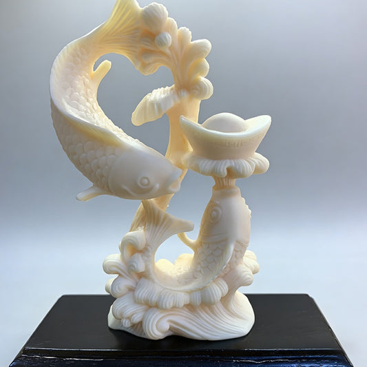 Tagua Nut Double Fish with Treasure Sculpture – Eco-Friendly Good Luck Decor | Zen Ara Grove