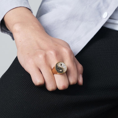 Yin-Yang Titanium Steel Ring – Black & White CZ, Symbol of Balance | Zen Ara Grove