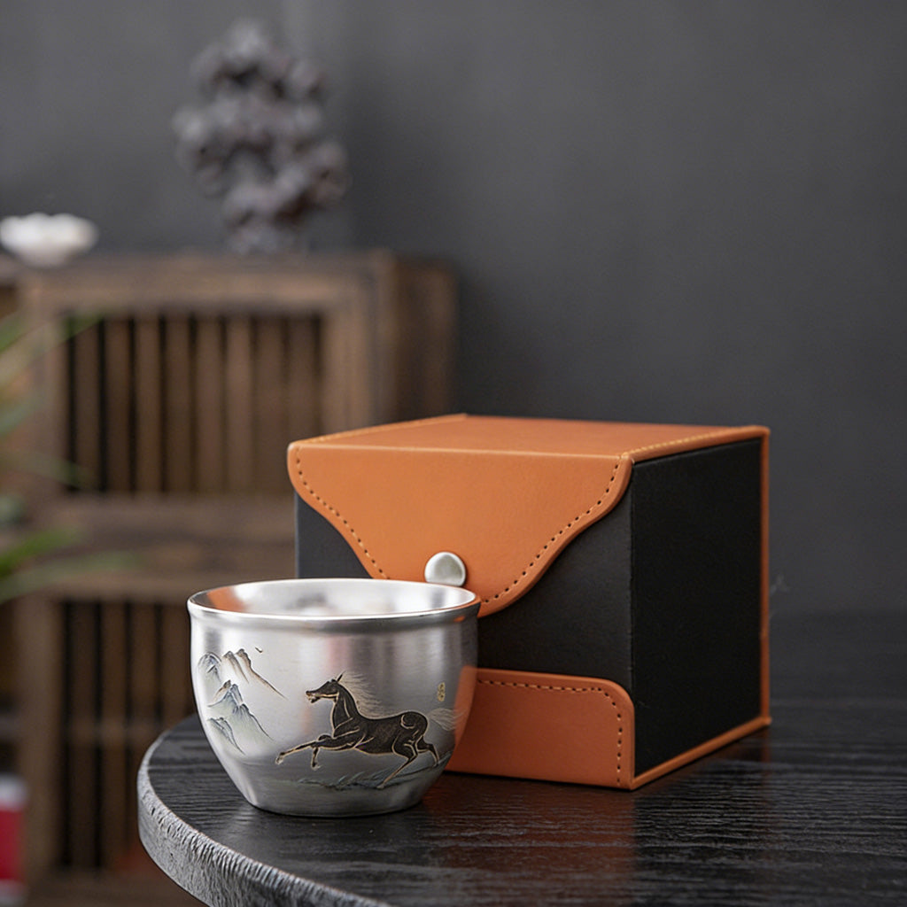 Handmade Silver Cup Gift Set – Sign of Prosperity & Harmony – Artistic Mountain Pattern | Zen Ara Grove