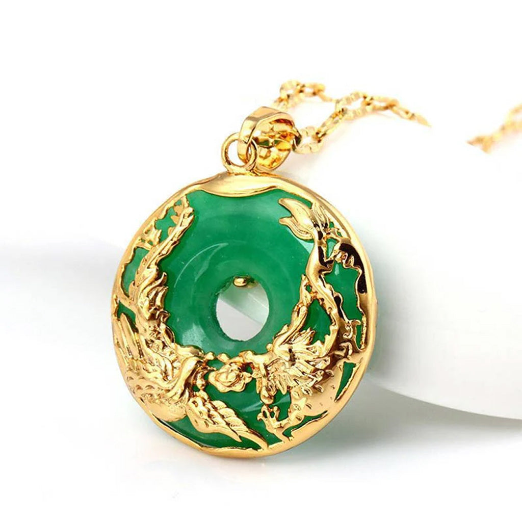 Green Jade Peace Buckle Necklace with Double Phoenix Detail — Protection & Renewal