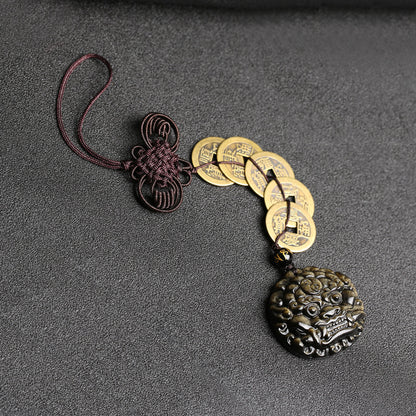 Guardian Beast & Fortune Coins – Gold Obsidian Pendant | Zen Ara Grove