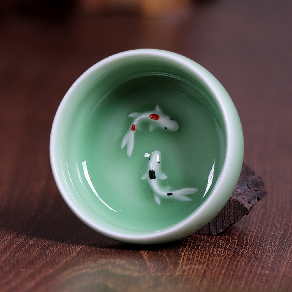 Twin Koi Celadon Crackle Teacup