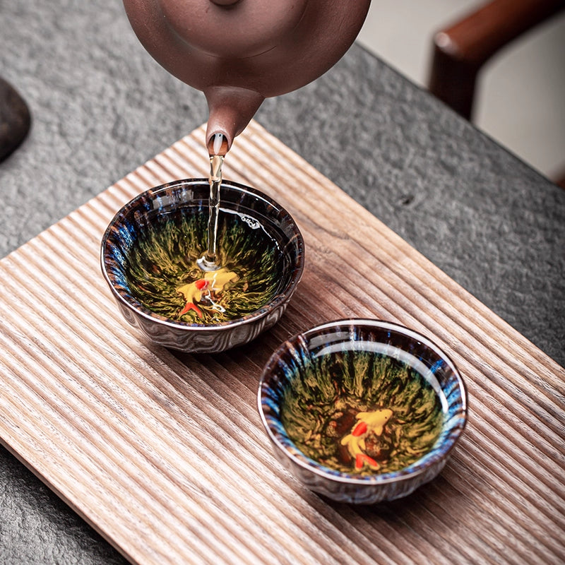 Kiln-Change Glaze Porcelain Teacup – Lucky Fish "Year of Plenty" Design | Zen Ara Grove