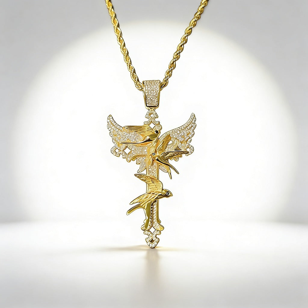Full Diamond Peace Dove Cross Pendant Necklace – Symbol of Faith and Harmony | Zen Ara Grove